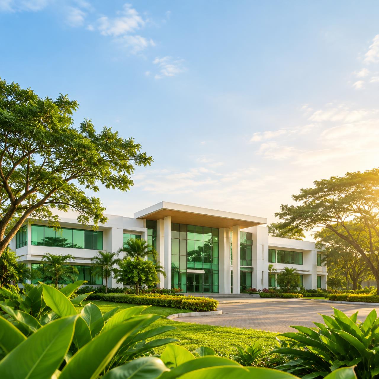 Green civic office campus surrounded by tropical trees
